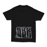 Black T-shirt with large white graphic print on the back