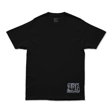 Black T-shirt with small white logo print on lower right hem