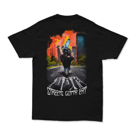 Schwarzes T-Shirt Rückansicht mit farbigem Grafikdruck: Motorrad im Straßenszenen-Design