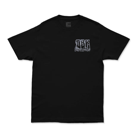 Schwarzes T-Shirt mit kleinem Brustmotiv „STREETS GOTTA EAT“ in Weiß