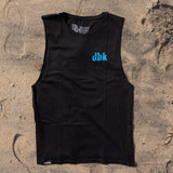 Black sleeveless tank top with blue dbk logo on chest, crew neck
