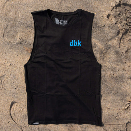 Black sleeveless tank top with blue dbk logo on chest, crew neck