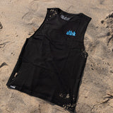 Black tank top with blue dbk logo and speckled fabric spots