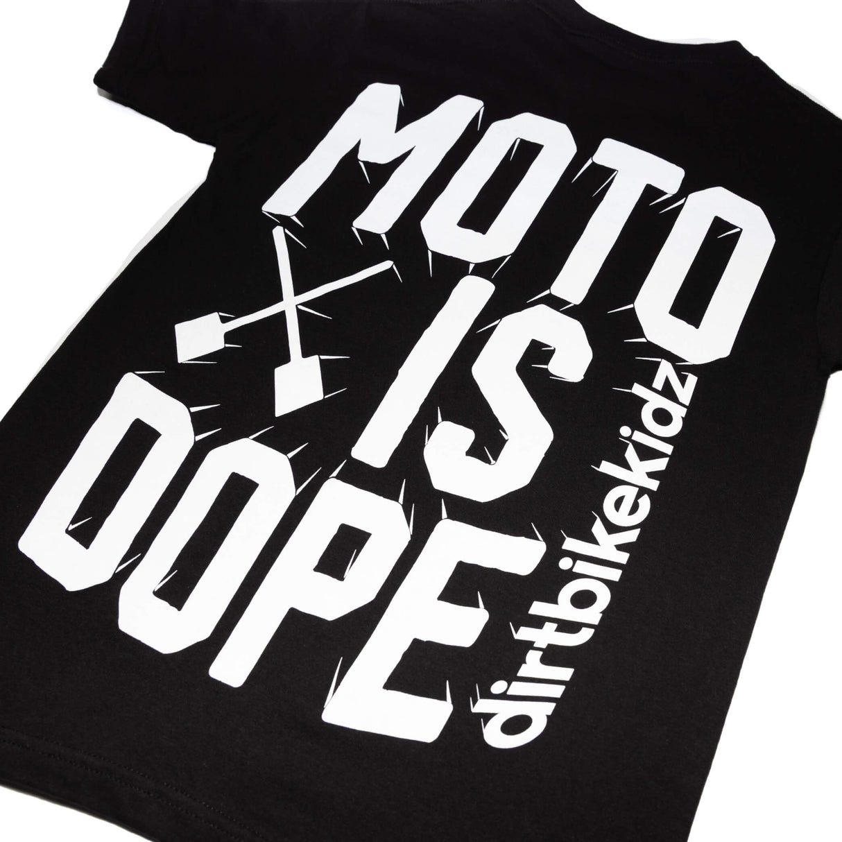 Black tee close-up of 'MOTO IS DOPE' back graphic text and logo