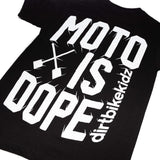 Black tee close-up of 'MOTO IS DOPE' back graphic text and logo