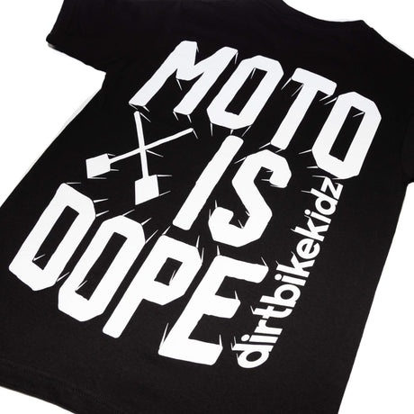 Moto is Dope tee—black 'MOTO IS DOPE' back graphic close-up.