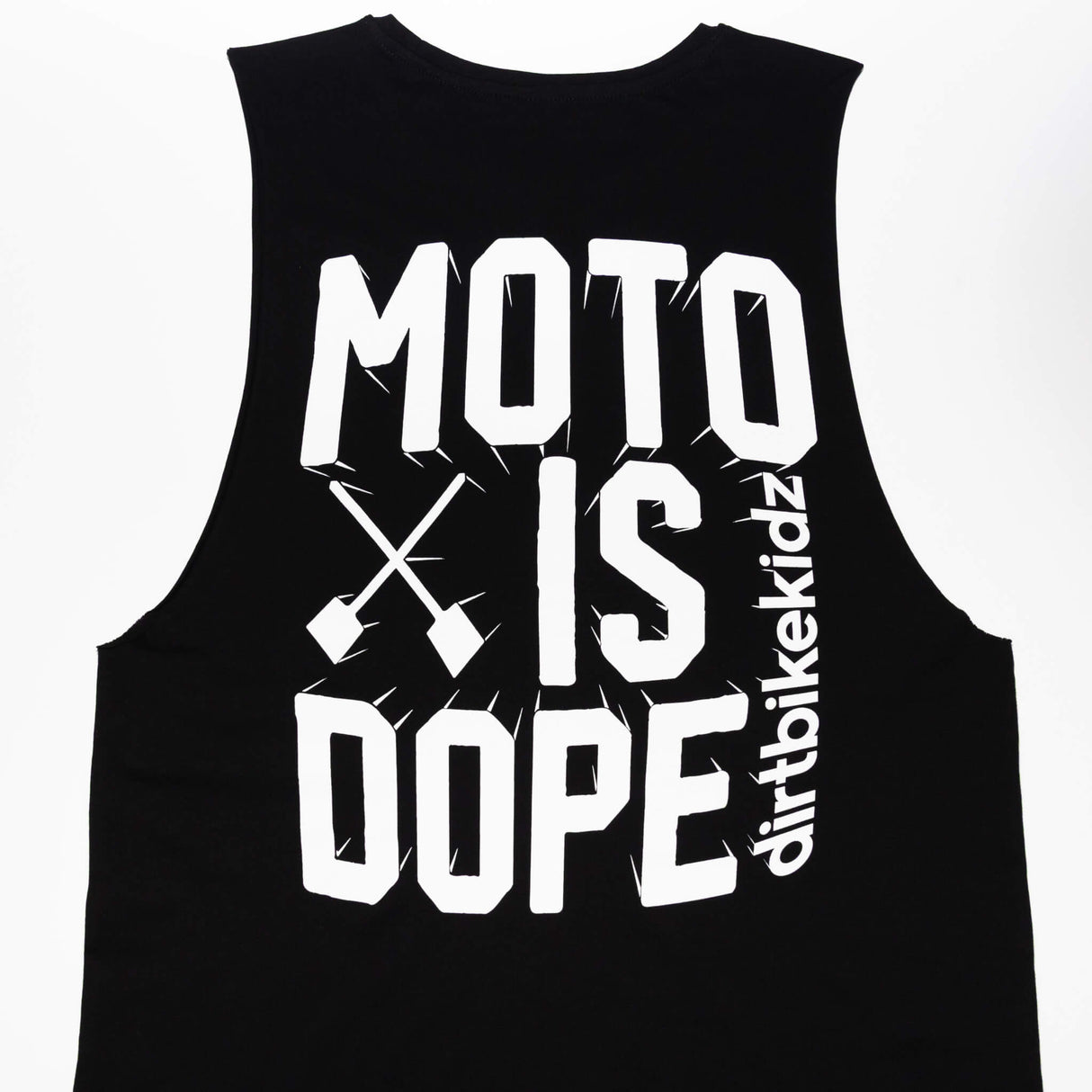 Black tank top with large 'MOTO IS DOPE' graphic and 'dirtbikekidz' text
