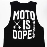 Black tank top with large 'MOTO IS DOPE' graphic and 'dirtbikekidz' text