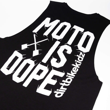 Black tank top with large 'MOTO IS DOPE' front graphic print