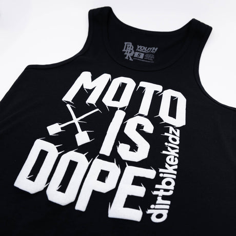 Black youth tank top with bold white Moto Is Dope lettering and vertical bike text
