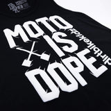 Close-up of white Moto Is Dope graphic on black youth tank top
