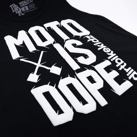 Close-up of white Moto Is Dope graphic on black youth tank top