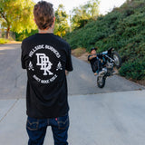 Black T-shirt back graphic with 'HILLSIDE BURNERS' and flame icons