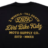 Youth black tee close-up of gold 2 Wheels Till Death DBK Dirt Bike Kidz print