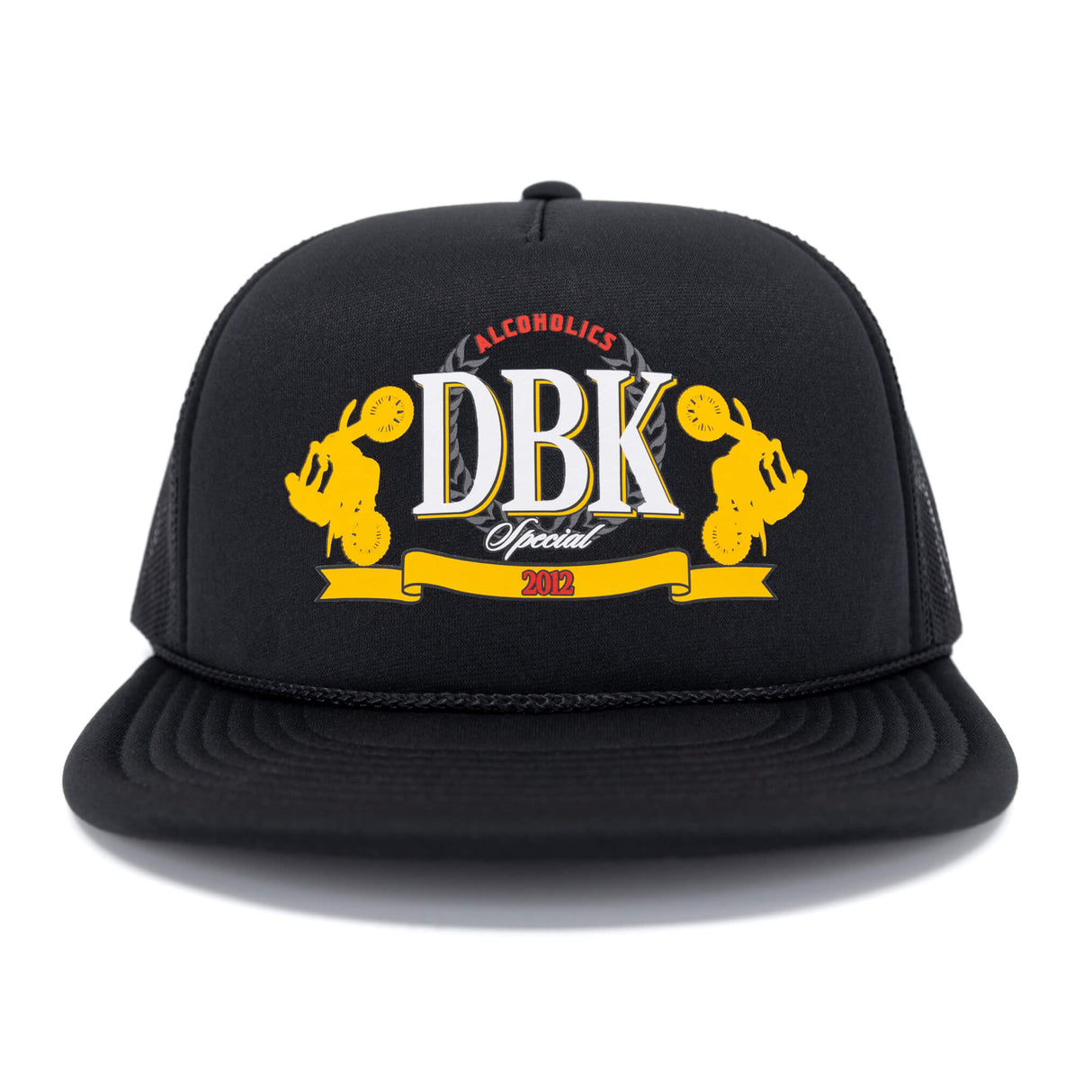 Black trucker hat with front DBK logo, curved brim and mesh side panels