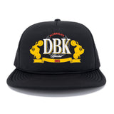 Black trucker hat with front DBK logo, curved brim and mesh side panels