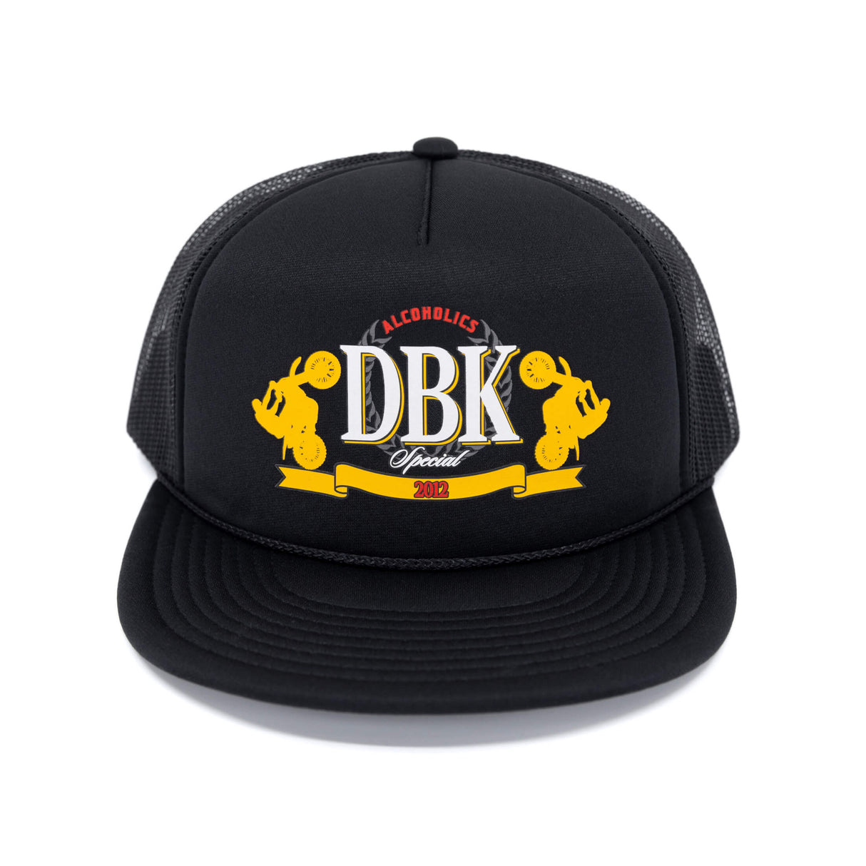 Black trucker hat with DBK logo on crown, curved brim and breathable mesh back