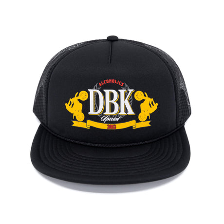 Black trucker hat with DBK logo on crown, curved brim and breathable mesh back