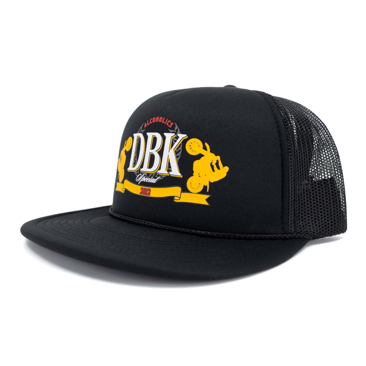 Black trucker hat with DBK logo on front and mesh back panel