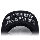 Black cap interior band with white stylized lettering graphic