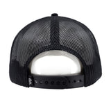 Black trucker cap mesh back and adjustable snap strap