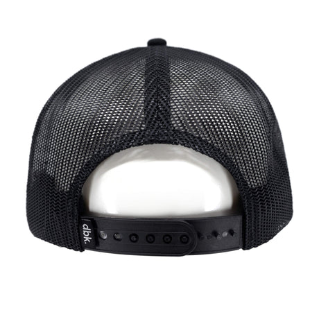 Black trucker cap mesh back and adjustable snap strap