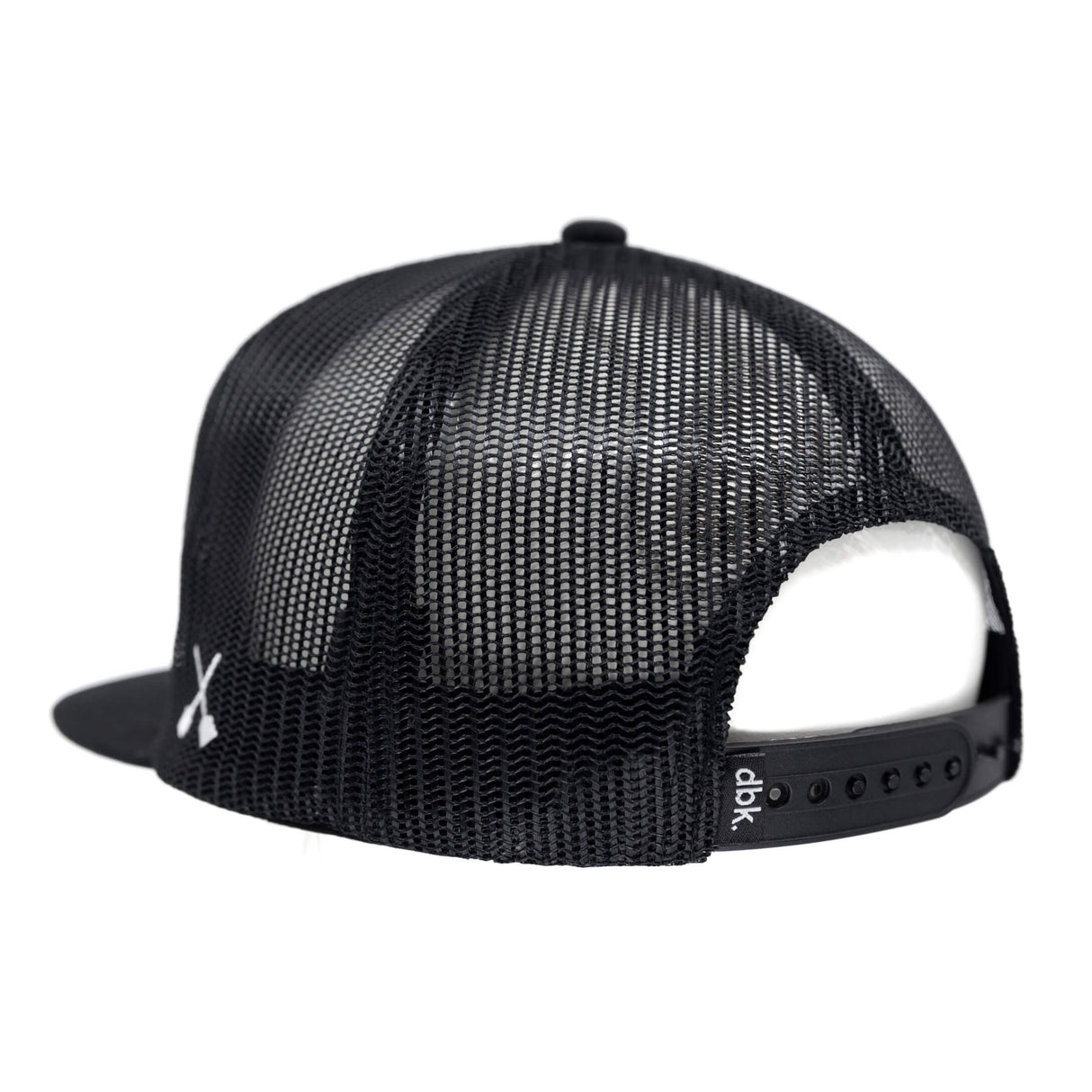 Black trucker cap with mesh back panel and white emblem; snapback strap