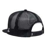 Black trucker cap with mesh back panel and white emblem; snapback strap