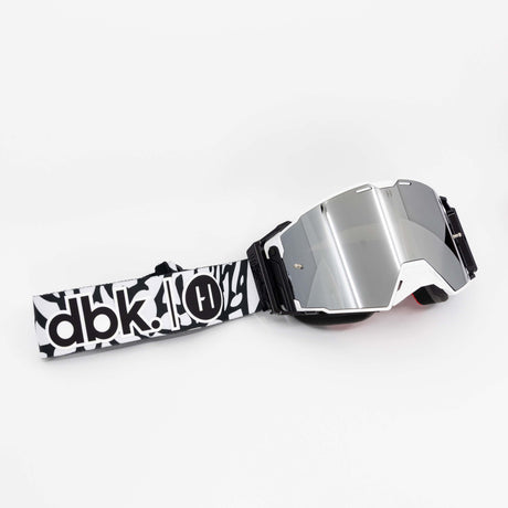 Helios goggle with silver/gray lens and black-and-white strap