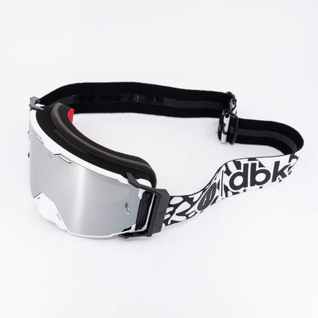 Helios goggle with clear-mirrored lens and black strap, white frame