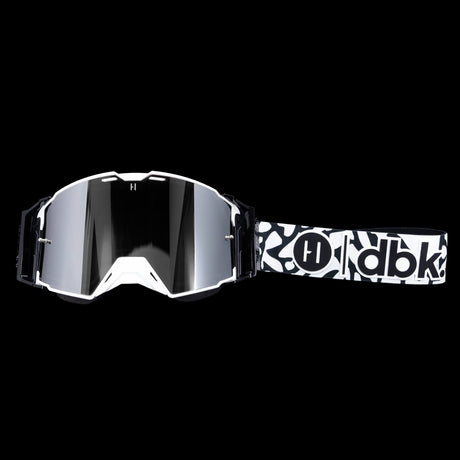 Helios goggle front view with mirrored dark lens, white frame, black strap