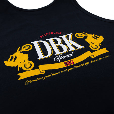 Black tank top close-up with DBK Special 2012 graphic print across chest
