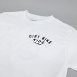 White kids T-shirt with centered Dirt Bike Kidz logo on chest.