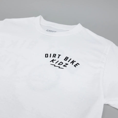 White kids T-shirt with centered Dirt Bike Kidz logo on chest.