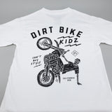 White kids T-shirt with large Dirt Bike Kidz rider graphic on back.