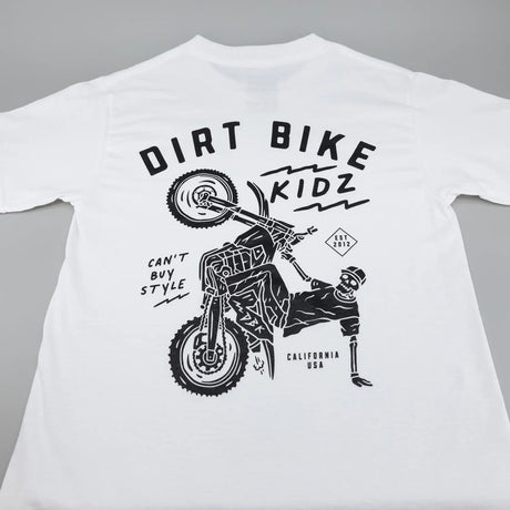 White kids T-shirt with large Dirt Bike Kidz rider graphic on back.