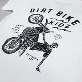 White kids T-shirt with large Dirt Bike Kidz rider print across back.