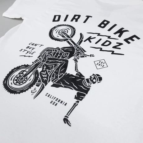 White kids T-shirt with large Dirt Bike Kidz rider print across back.