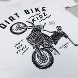 White kids T-shirt with Dirt Bike Kidz motocross rider graphic on back.