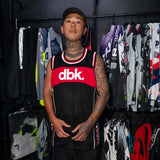 AirMax jersey tank worn on model: black mesh body, red dbk band, white/black trim
