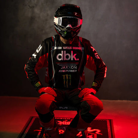 Black racing hoodie-style jersey with red accents, full front logo print, long sleeves
