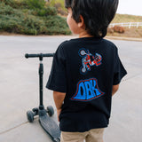 Toddler black T-shirt with back motorcycle rider and ORK ramp graphic