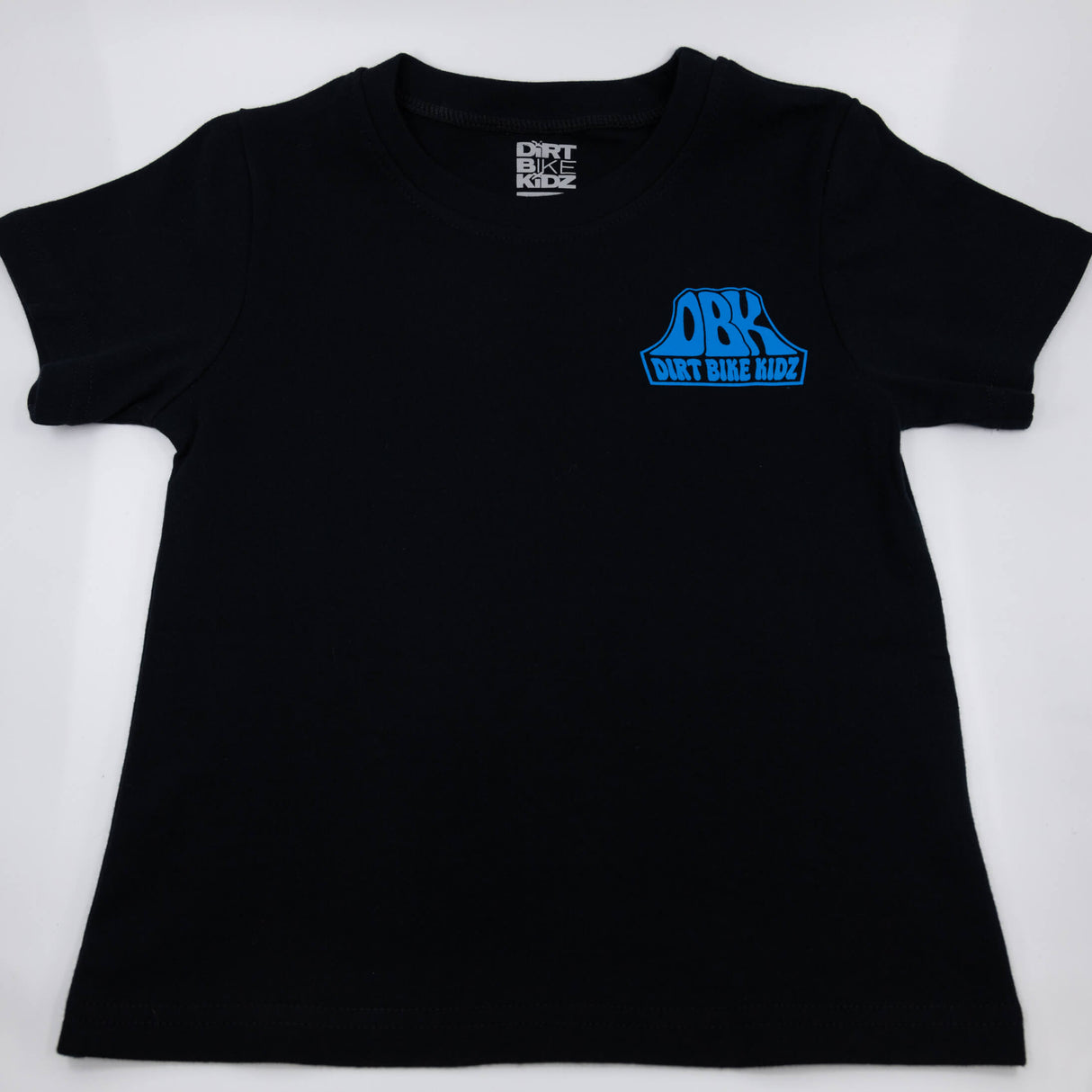 Toddler black T-shirt with small blue ORK Dirt Bike Kidz chest badge