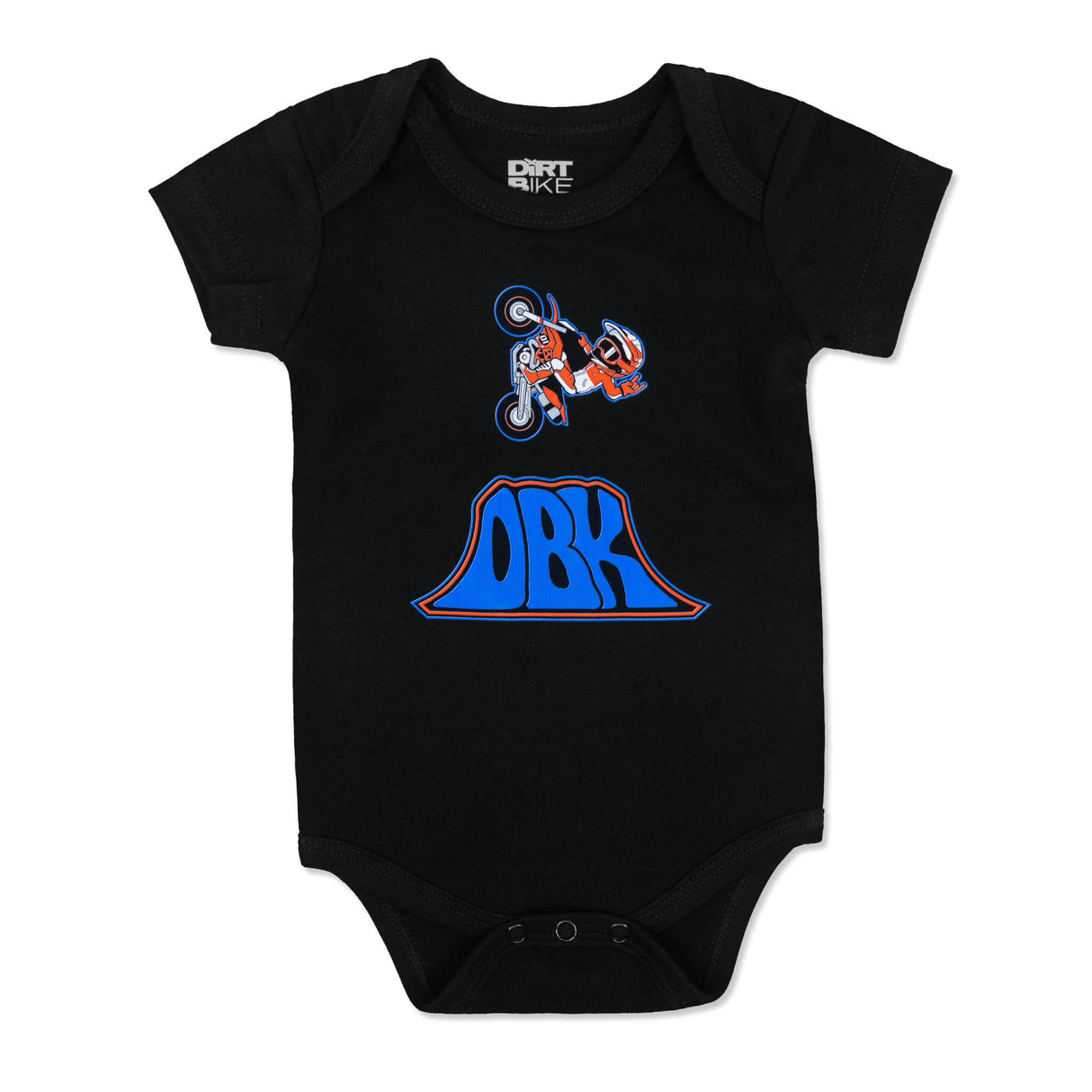 Black baby onesie with motocross rider and large blue ORB logo, snap-button crotch