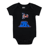 Black baby onesie with motocross rider and large blue ORB logo, snap-button crotch