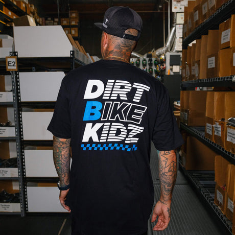 Black Balance Tee back view with DRV BIKE KIDZ logo print.