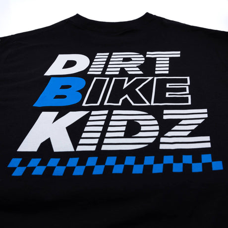 Youth premium tee, black knit, close-up DRT BIKE KIDZ back graphic filling the frame