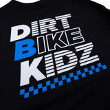 Black crewneck T-shirt chest graphic close-up with white text and blue details