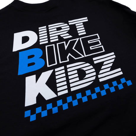 Black crewneck T-shirt chest graphic close-up with white text and blue details