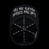 Black snapback cap interior with circular white graphic and text